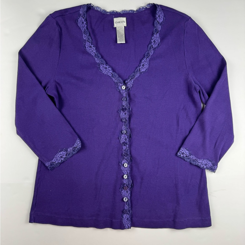 Chico's Deep Purple Lace-Trim V-neck 3/4 sleeve Cardigan